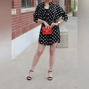 Women’s Retro Black W/ White Polka Dots Button Up Belted Lined Shirt Dress XS